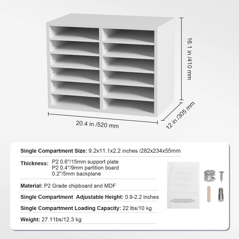 Organiseur de bureau à 12 compartiments avec étagères réglables et amovibles : un complément idéal pour tout espace.