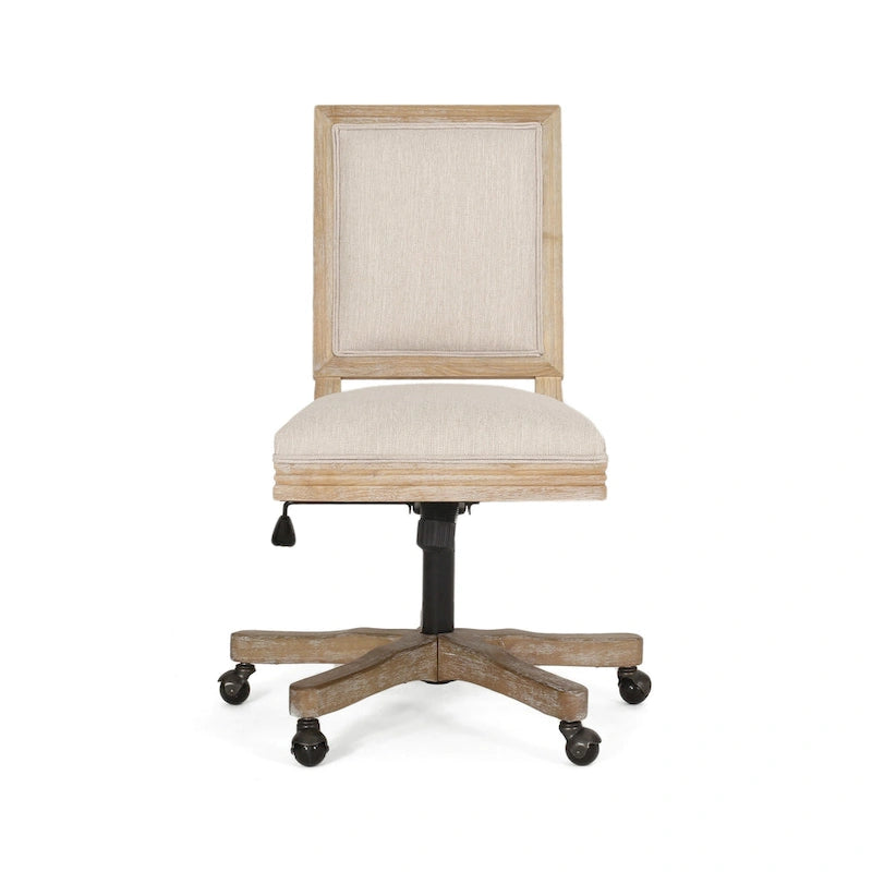 Fauteuil de bureau pivotant à roulettes, tissu beige, bois brun clair vieilli