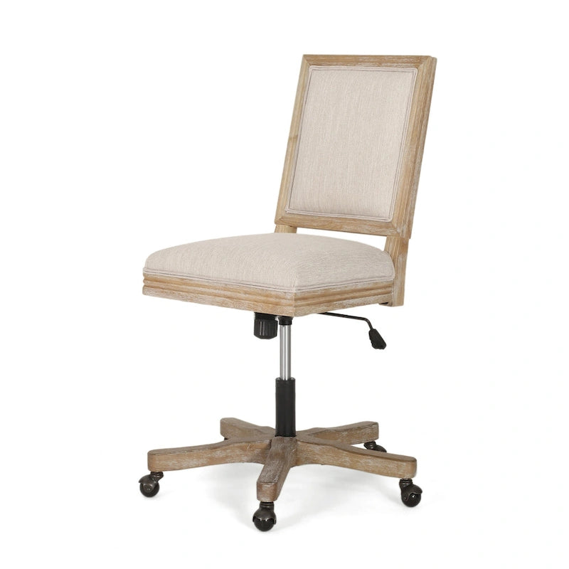 Fauteuil de bureau pivotant à roulettes, tissu beige, bois brun clair vieilli