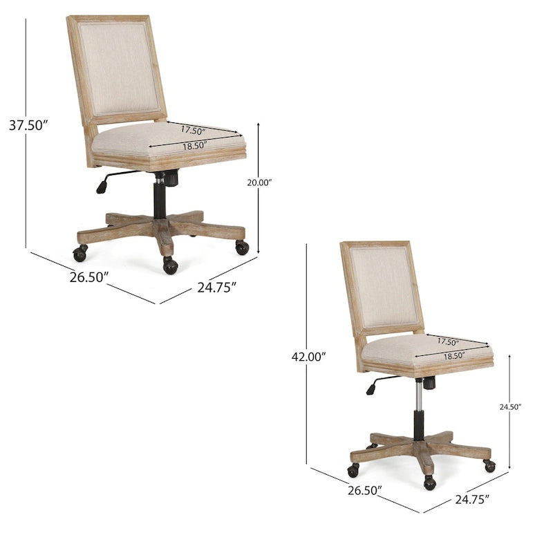 Fauteuil de bureau pivotant à roulettes, tissu beige, bois brun clair vieilli