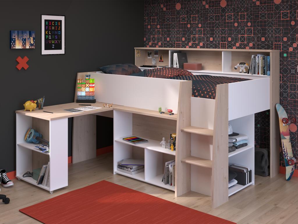 Lit combin¨¦ 90x200 cm avec bureau et rangements - Blanc et naturel - Meublita