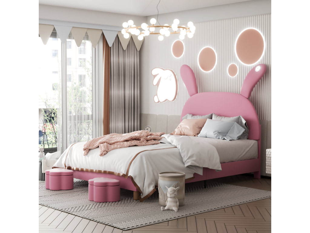Lit capitonné¨¦ 140x200 cm avec 2 tabourets de rangement pour enfant - chevet LEDs - tête de lit réglable - velours - rose
