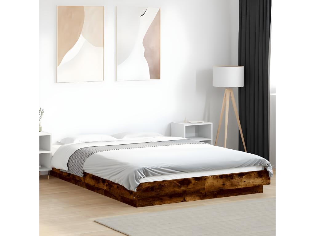 Cadre de lit sans matelas ch¨ºne fum¨¦ 135x190 cm