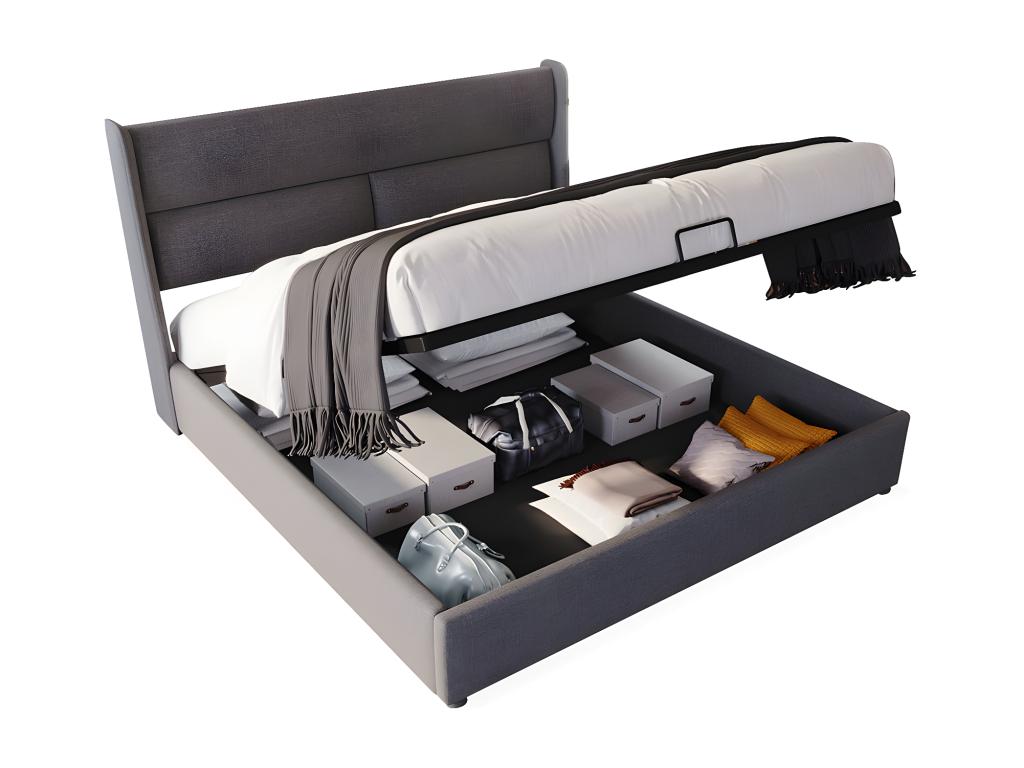 Lit coffre double avec appuis-t¨ºte r¨¦glable Lit de rembourr¨¦ Cadre de lit en lin Lit de jeune 140x200 avec sommier ¨¤ Meublita