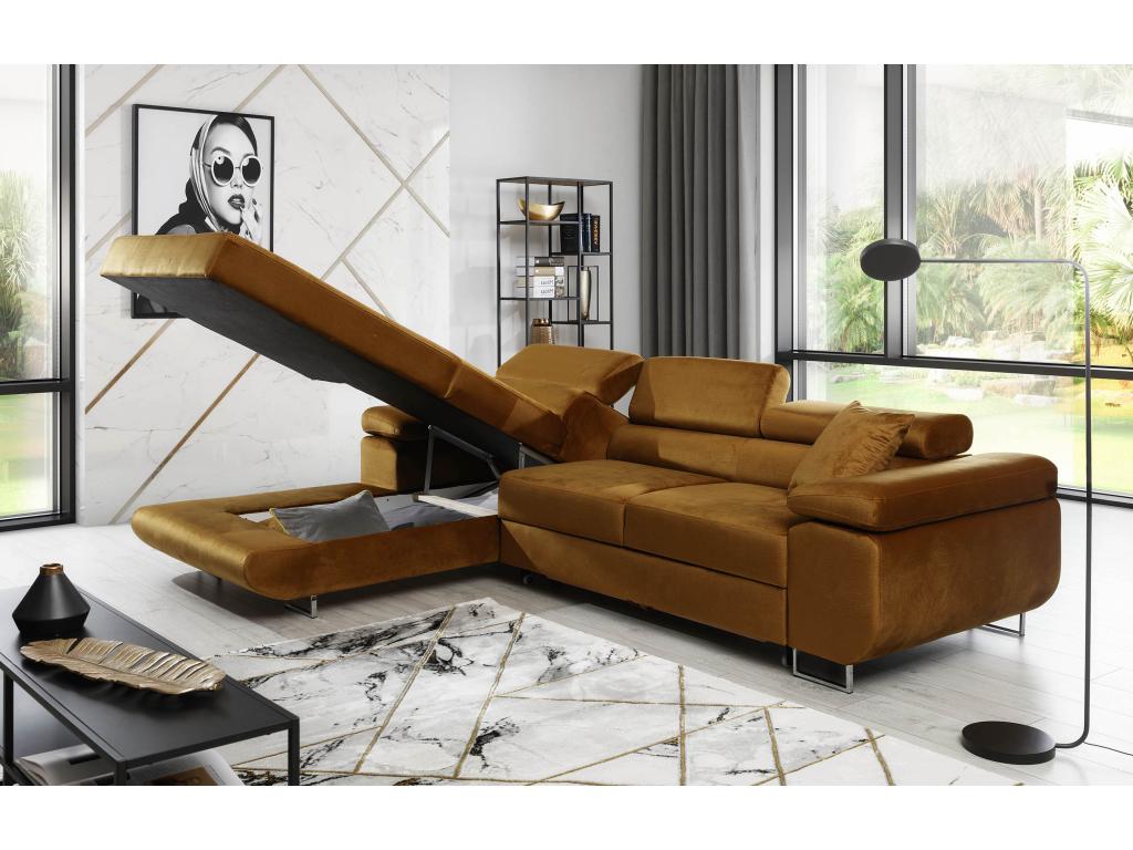 Canap¨¦ convertible d'angle gauche tissu bleu min¨¦ral et simili cuir blanc avec rangement Vertchez 280cm