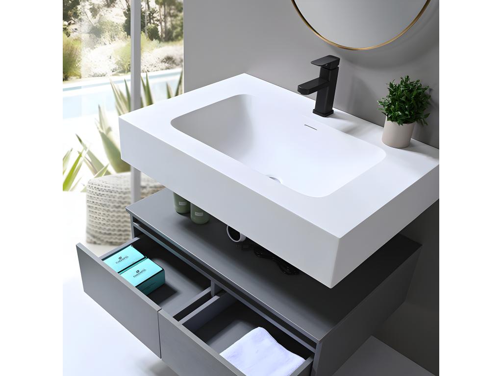 Vertchez - Meuble de salle de bain simple vasque 80cm en Corian blanc avec miroir led