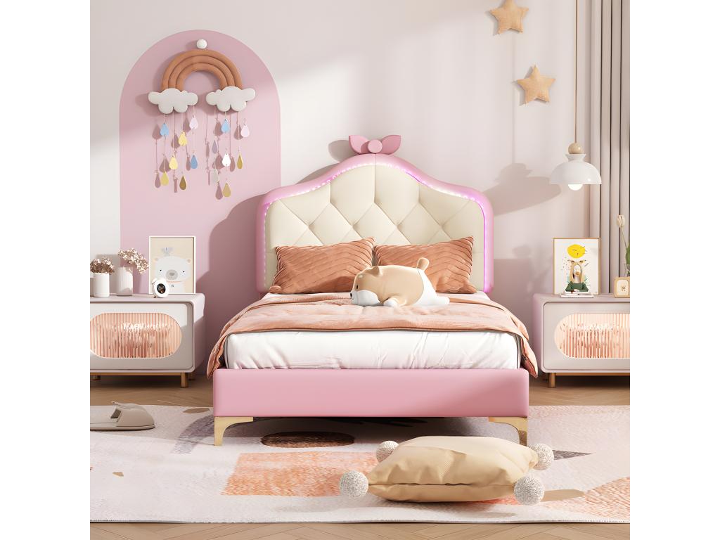 Lit enfant capitonn¨¦ avec LED color¨¦e et n?ud sur la t¨ºte - en similicuir - 90x200cm - avec sommier ¨¤ Meublita - Rose