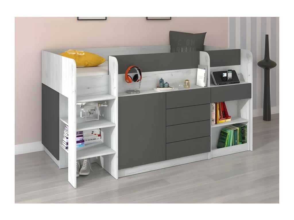 Lit Mezzanine 90x200cm avec ¨¦chelle Placard Bureau amovible biblioth¨¨que et des ¨¦tag¨¦res SMIDA L Blanc Vertchez/Graphite