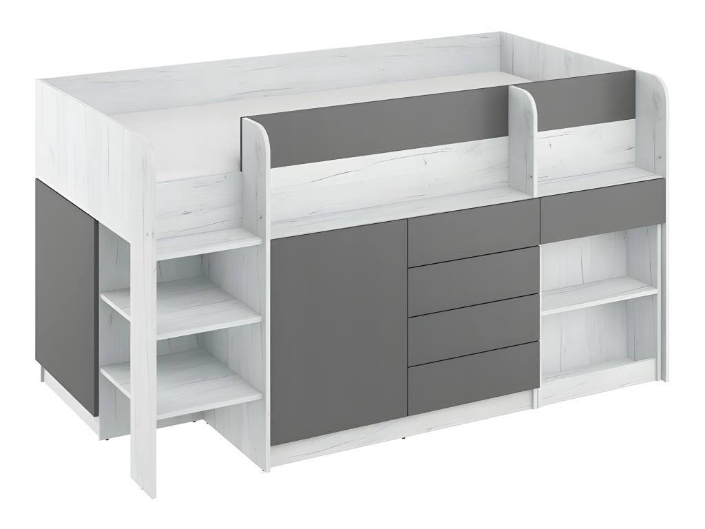 Lit Mezzanine 90x200cm avec ¨¦chelle Placard Bureau amovible biblioth¨¨que et des ¨¦tag¨¦res SMIDA L Blanc Vertchez/Graphite