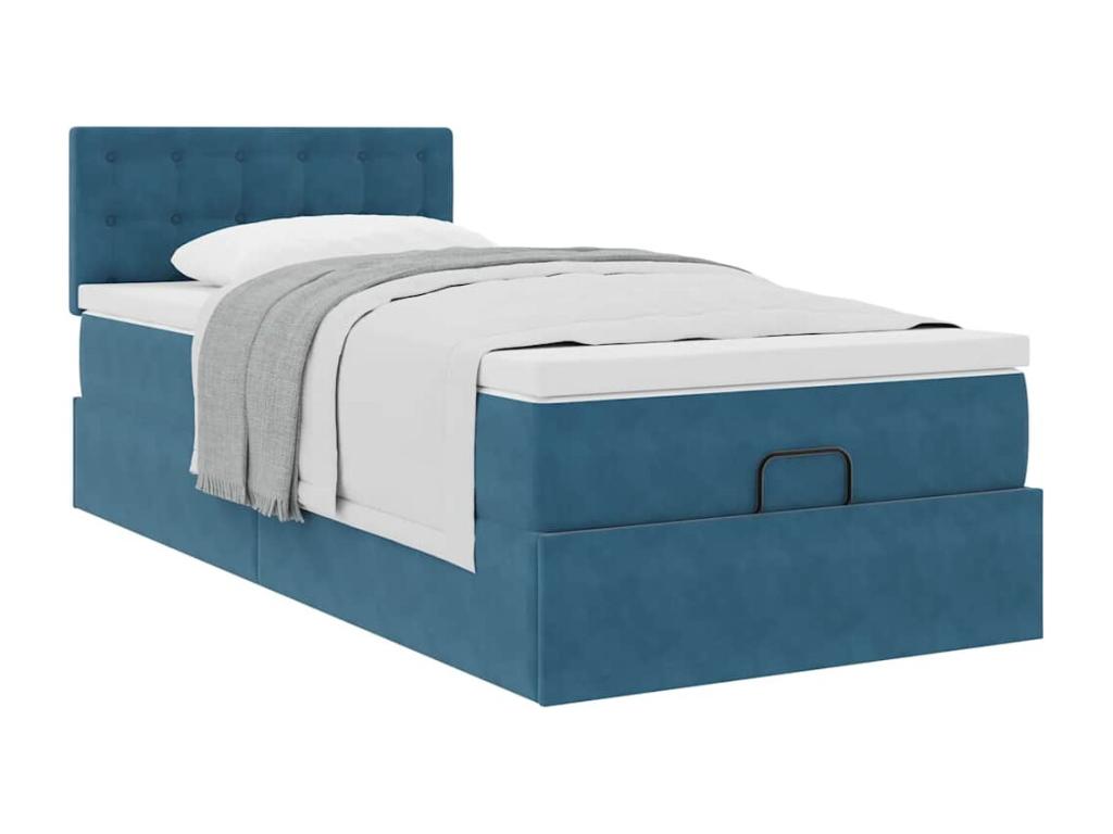Cadre de lit ottoman avec matelas bleu fonc¨¦ 90x200 cm velours