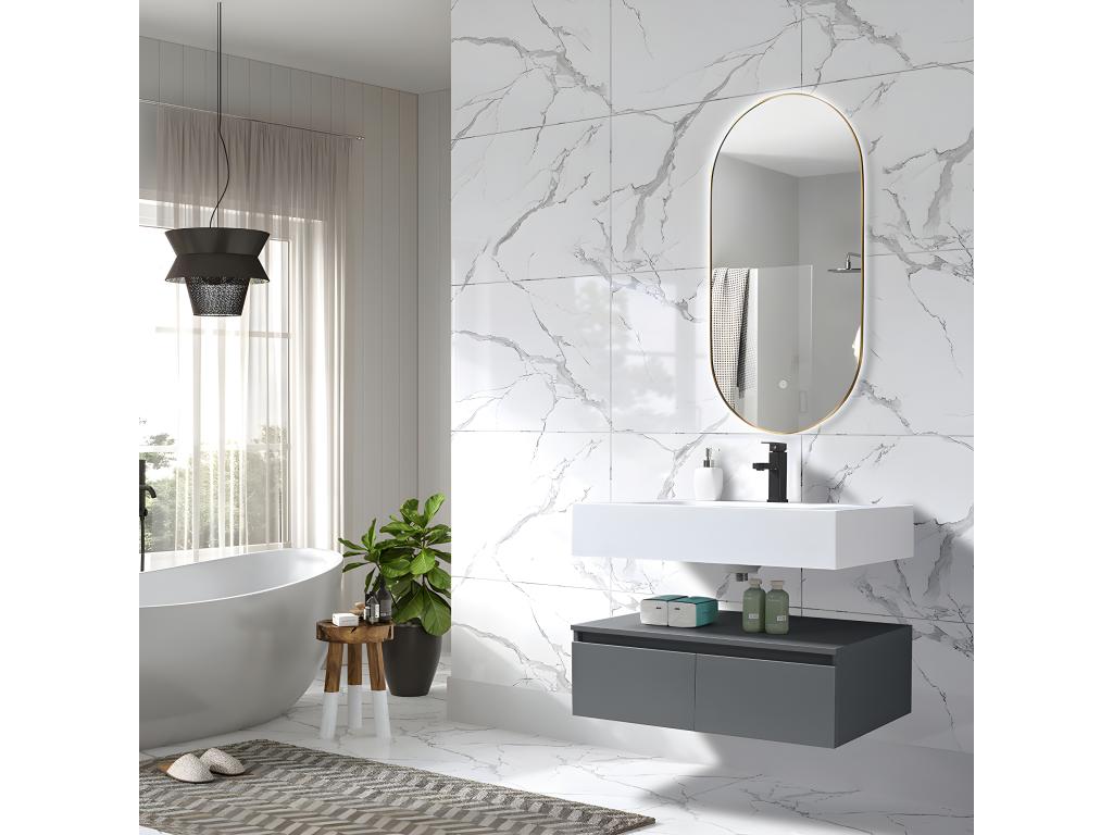 Vertchez - Meuble de salle de bain simple vasque 80cm en Corian blanc avec miroir led
