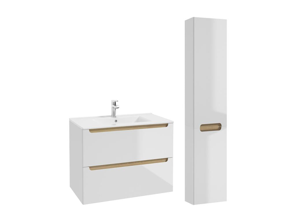 Ensemble meuble simple vasque encastrable 80cm 2 tiroirs et colonne Vertchez Blanc et Bois