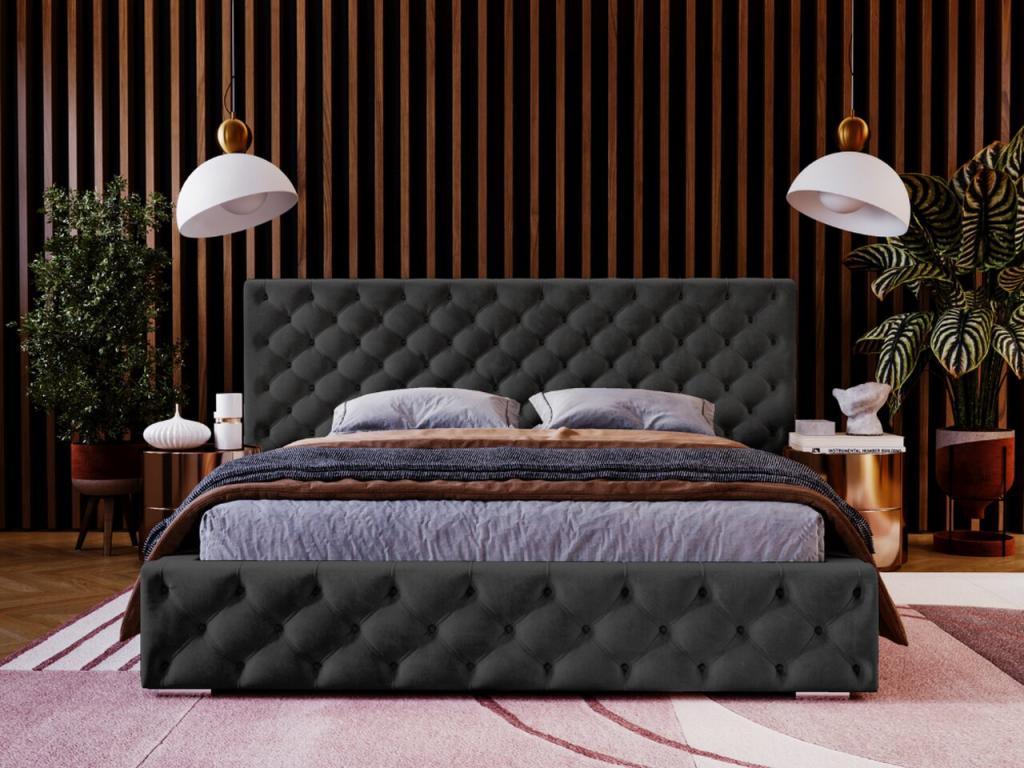 Lit rembourr¨¦ avec rangement - 120x200 - lit double - velours - noir - Madera