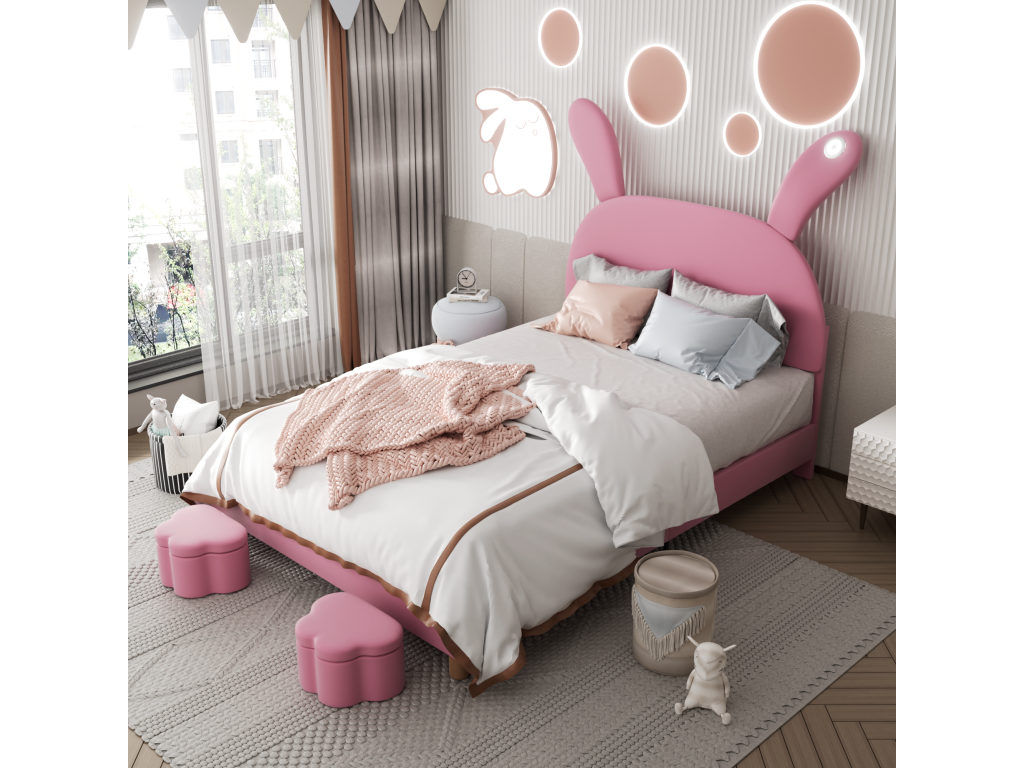Lit capitonné¨¦ 140x200 cm avec 2 tabourets de rangement pour enfant - chevet LEDs - tête de lit réglable - velours - rose