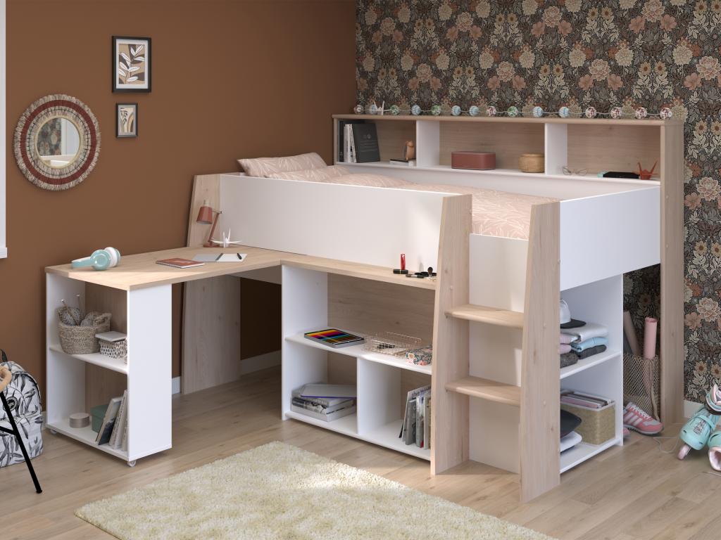Lit combin¨¦ 90x200 cm avec bureau et rangements - Blanc et naturel - Meublita