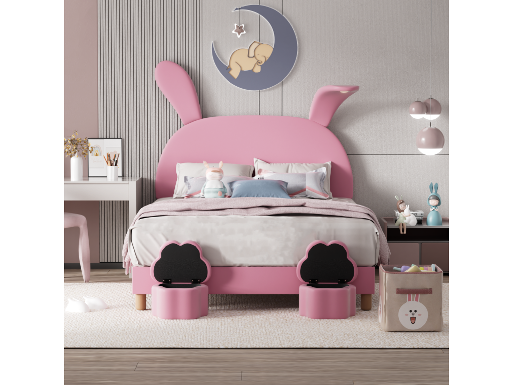 Lit capitonné¨¦ 140x200 cm avec 2 tabourets de rangement pour enfant - chevet LEDs - tête de lit réglable - velours - rose