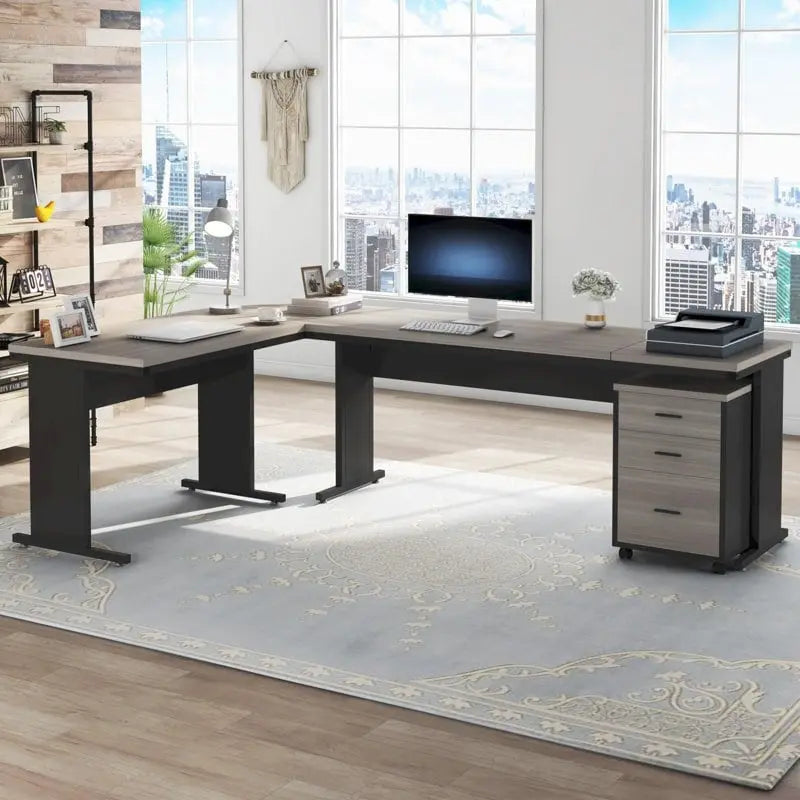 83  L-Shaped Executive Desk, Large L Office Desk with 3-Drawer Mobile File Cabinet, Business Furniture Desk Workstation
