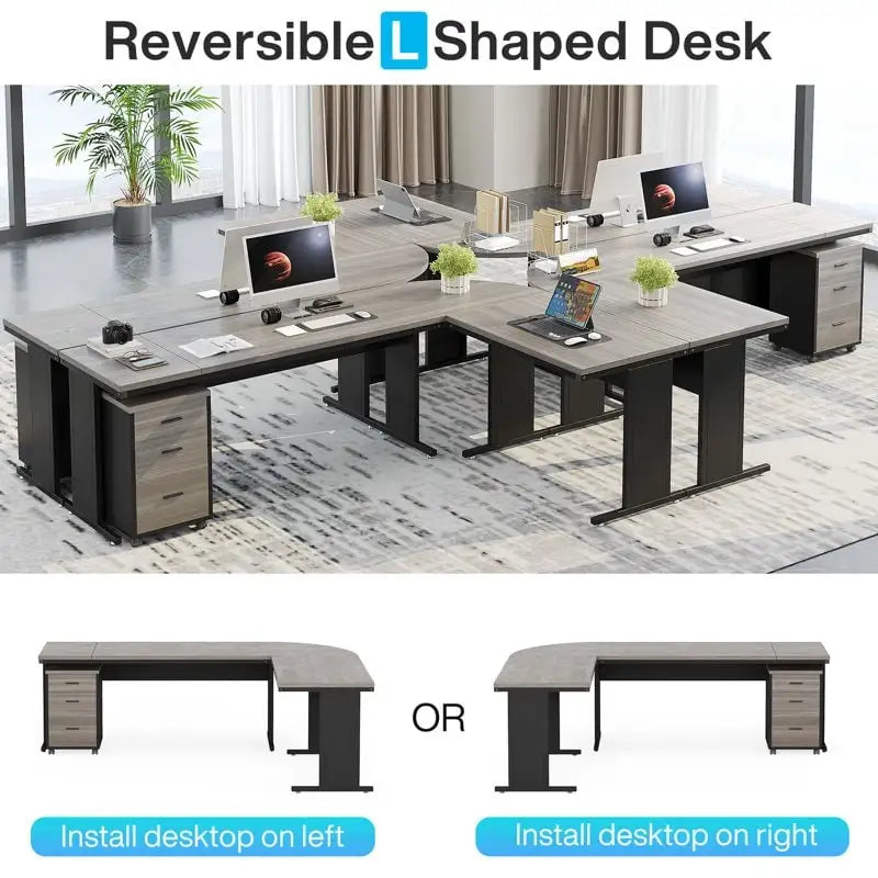 Bureau de direction en L de 83 pouces, grand bureau en L avec caisson mobile à 3 tiroirs, poste de travail de bureau professionnel