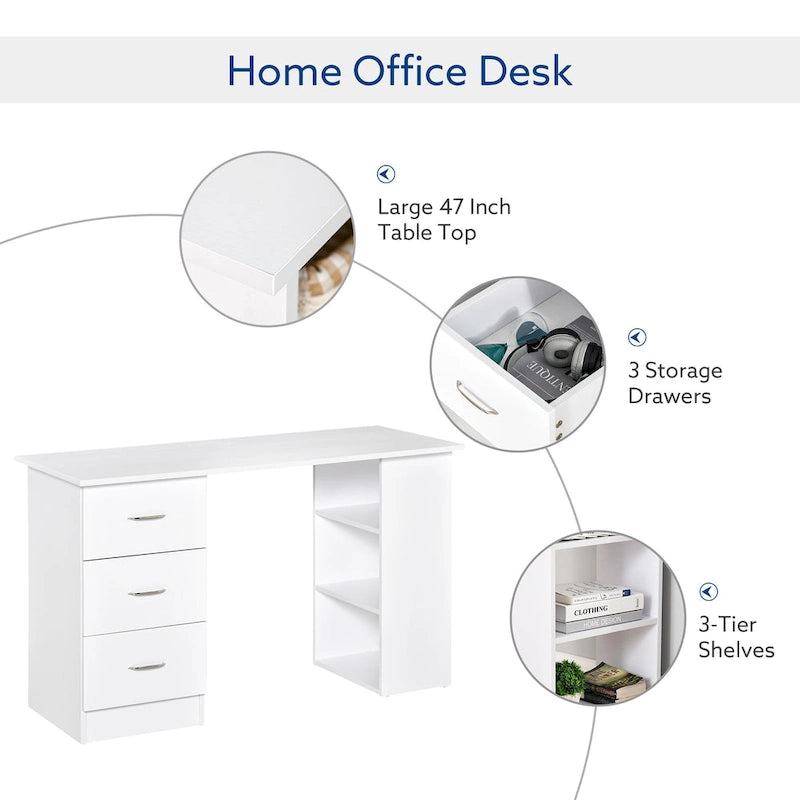 Bureau d'ordinateur HOMCOM 47 moderne pour la maison avec bibliothèque intégrée, table de travail, 3 tiroirs et étagère de rangement - Blanc