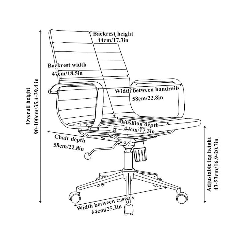 Fauteuil de bureau CAROCC à dossier côtelé, pivotant et inclinable, ergonomique, en cuir de qualité supérieure.