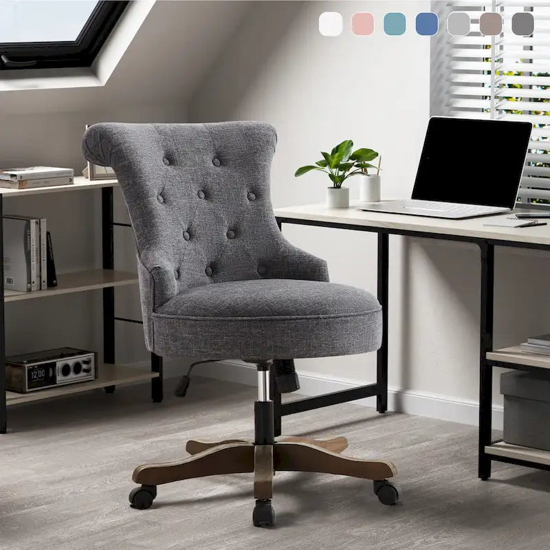 Chaise de bureau pivotante à roulettes, hauteur réglable, revêtue de lin.