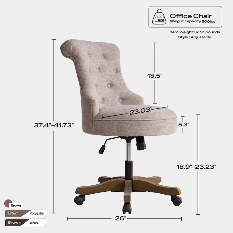 Chaise de bureau pivotante à roulettes, hauteur réglable, revêtue de lin.