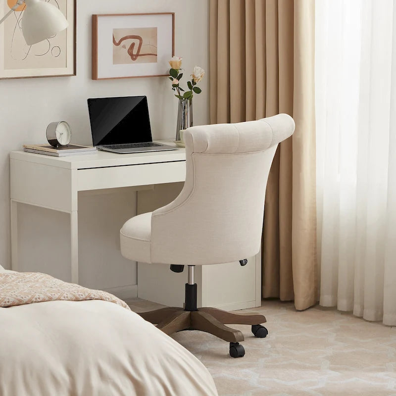 Chaise de bureau pivotante à roulettes, hauteur réglable, revêtue de lin.