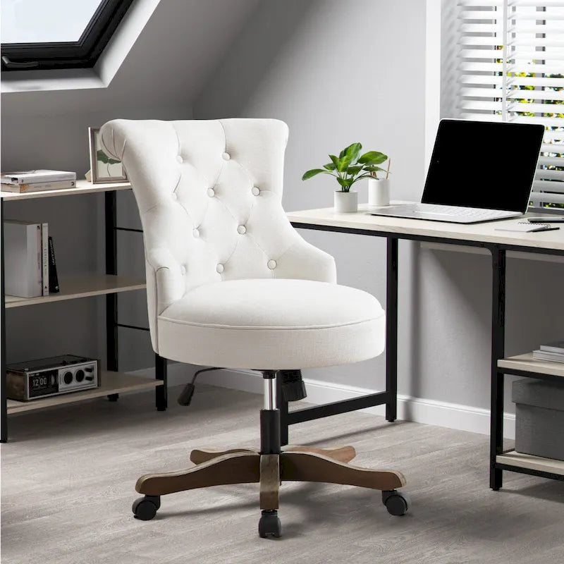 Chaise de bureau pivotante à roulettes, hauteur réglable, revêtue de lin.