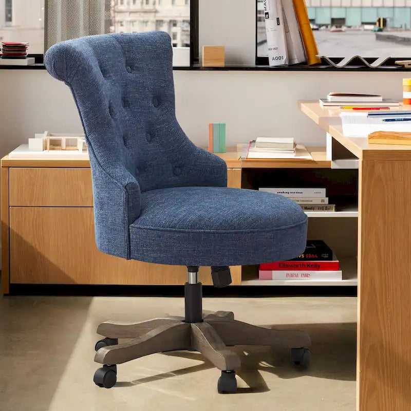 Chaise de bureau pivotante à roulettes, hauteur réglable, revêtue de lin.