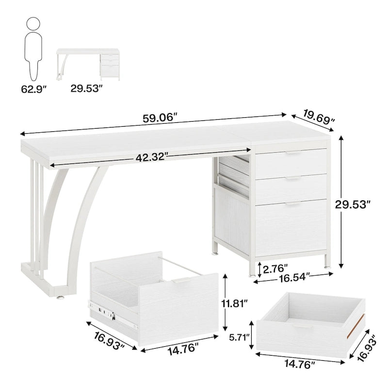 Bureau d'ordinateur réversible de 150 cm avec caisson à 3 tiroirs, style industriel, idéal pour le bureau à domicile ou la chambre.