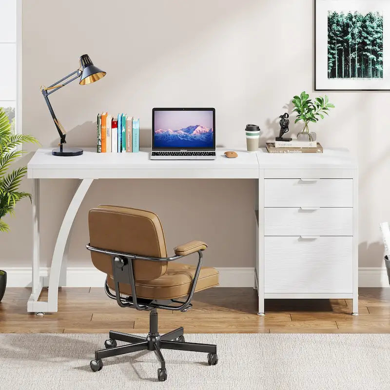 Bureau d'ordinateur réversible de 150 cm avec caisson à 3 tiroirs, style industriel, idéal pour le bureau à domicile ou la chambre.