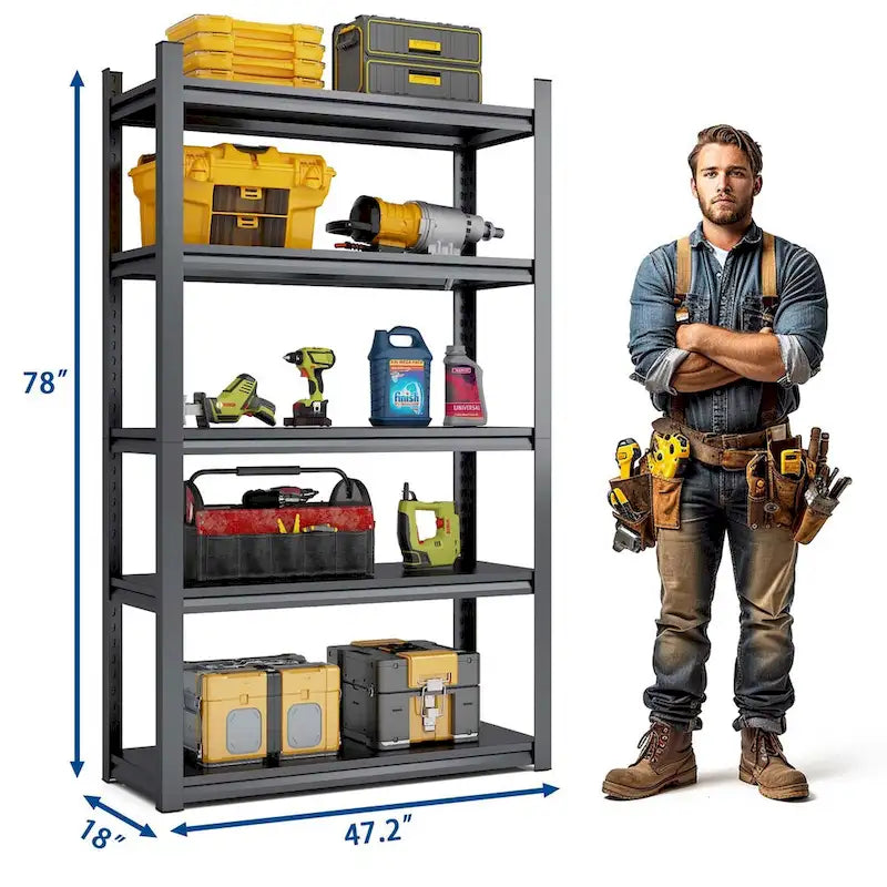 Étagère métallique à 5 niveaux de 78 pouces de hauteur pour garage, supportant une charge de 2000 livres (907 kg), réglable.