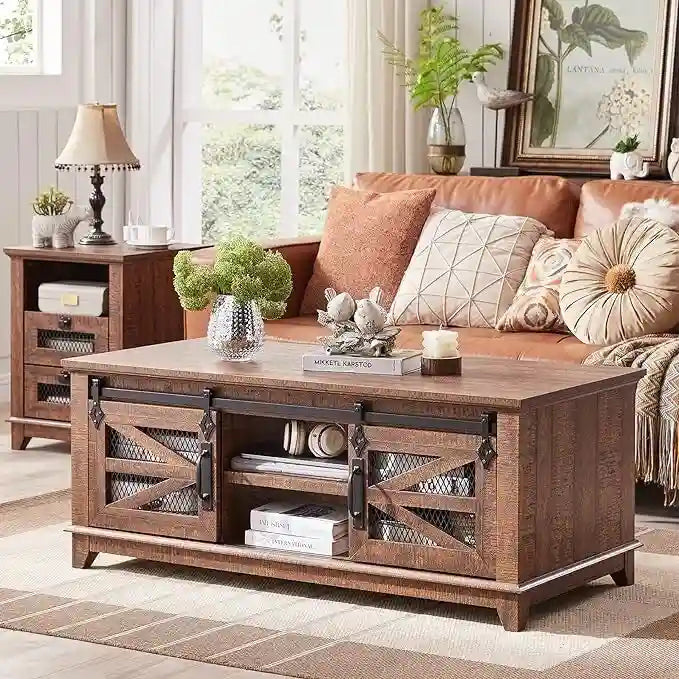 Table basse de style campagnard avec rangement et portes coulissantes, table cocktail