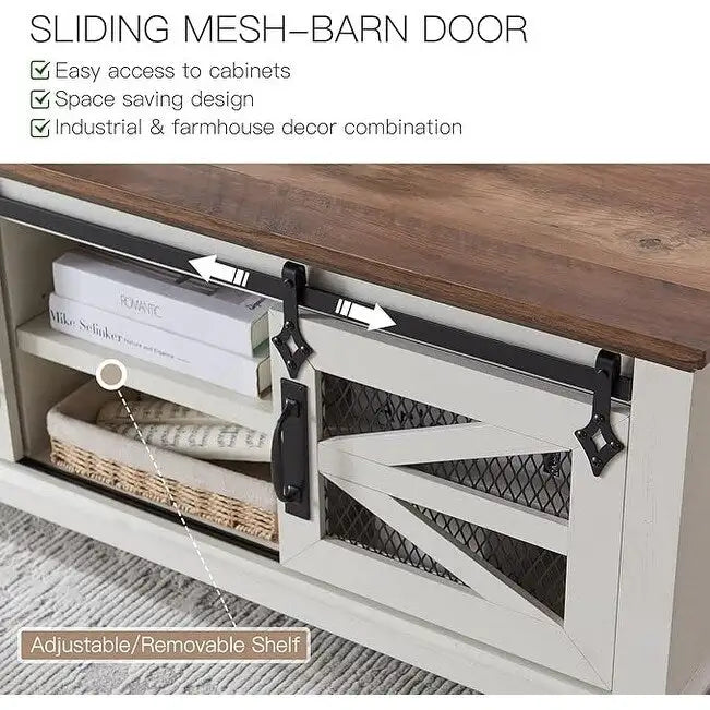 Table basse de style campagnard avec rangement et portes coulissantes, table cocktail