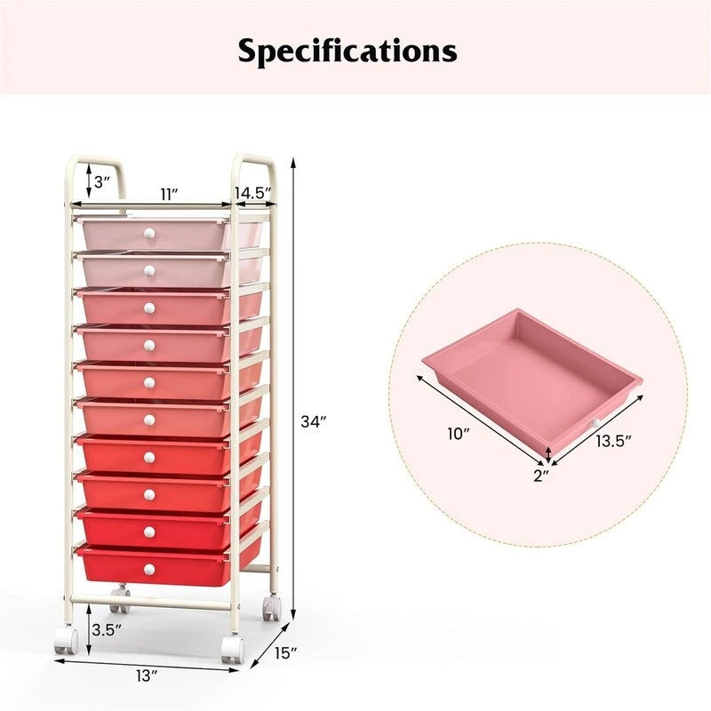 Chariot de rangement à roulettes à 10 tiroirs - 15 cm P x 13 cm L x 34 cm H