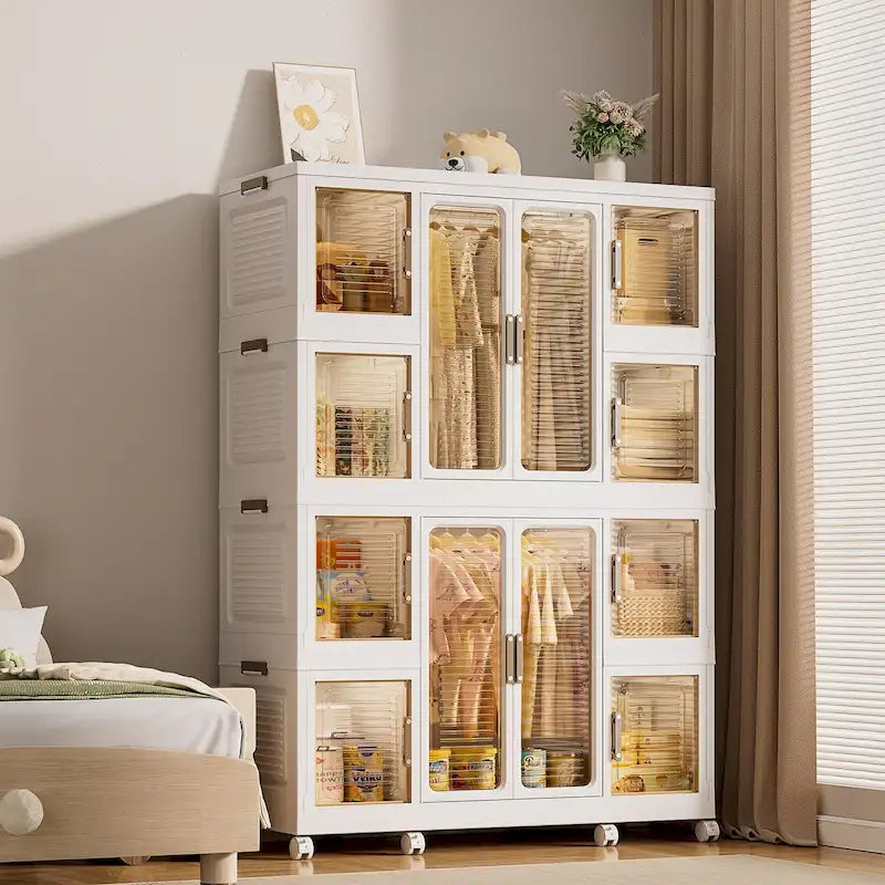 Armoire de rangement portable pour vêtements, commode, 12 portes magnétiques, 12 cubes et 2 barres de suspension