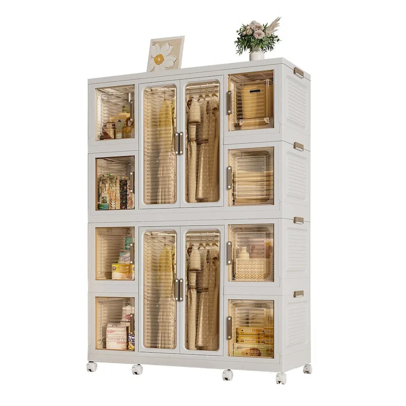 Armoire de rangement portable pour vêtements, commode, 12 portes magnétiques, 12 cubes et 2 barres de suspension