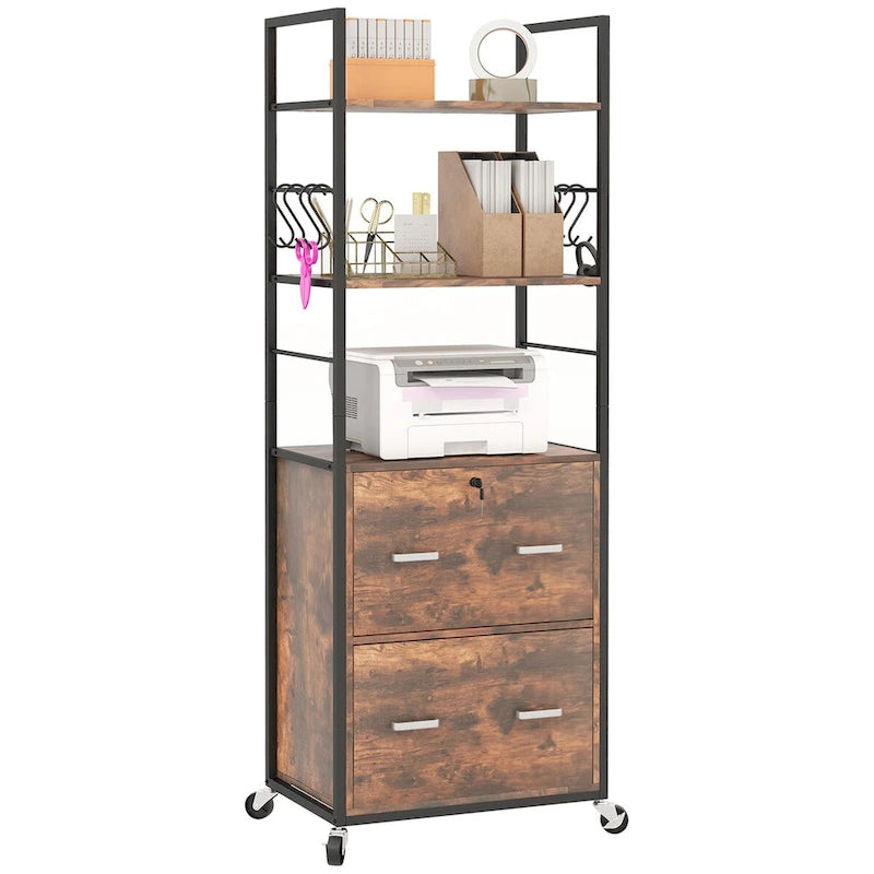 2 Drawer Mobile File Cabinet with Lock & Hanging Bar, Rustic Brown