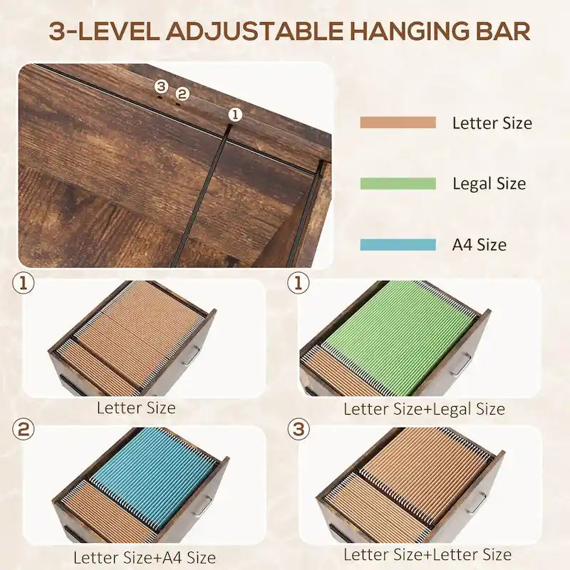 Classeur mobile à 2 tiroirs avec serrure et barre de suspension, marron rustique