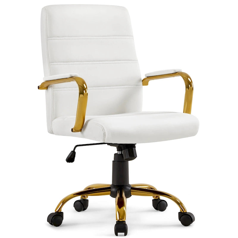 Fauteuil de bureau Yaheetech à dossier mi-haut avec structure dorée, revêtement en PU blanc - Non disponible