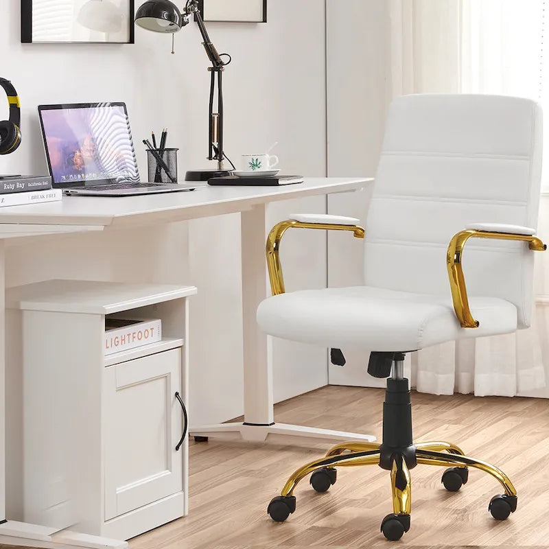 Fauteuil de bureau Yaheetech à dossier mi-haut avec structure dorée, revêtement en PU blanc - Non disponible