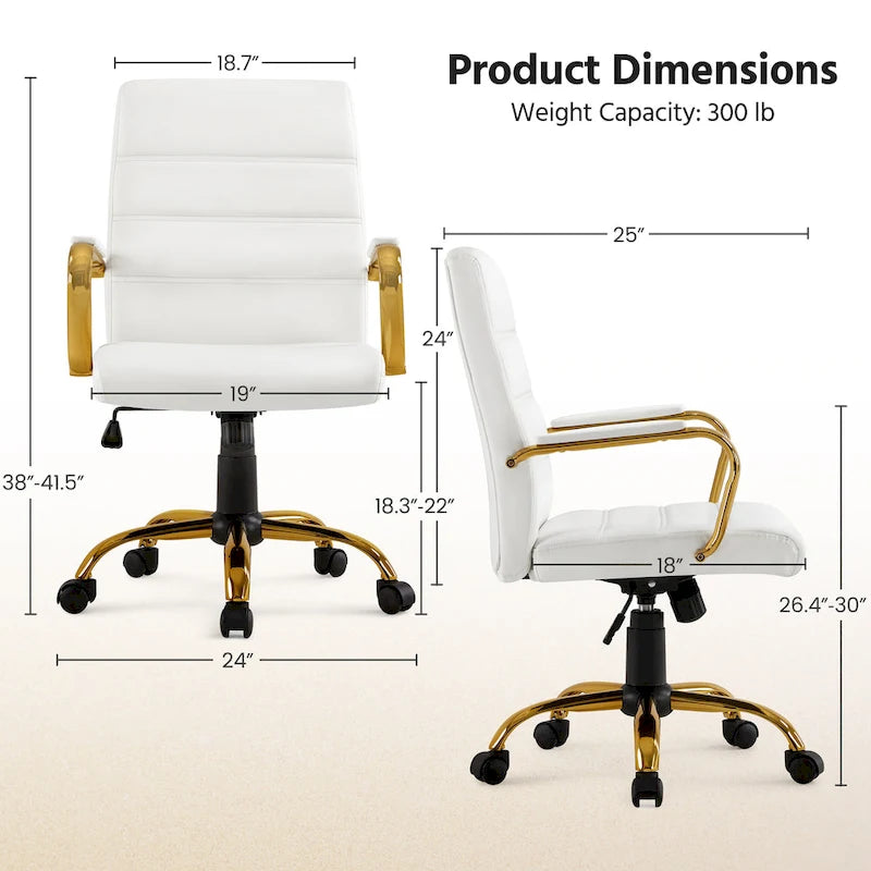 Fauteuil de bureau Yaheetech à dossier mi-haut avec structure dorée, revêtement en PU blanc - Non disponible