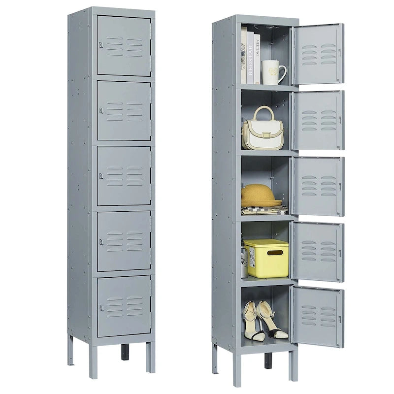 Casier métallique à 5 portes de 66 cm de haut avec serrure pour employés, armoire de rangement pour la maison, la salle de sport, le bureau, l'école ou le garage, gris