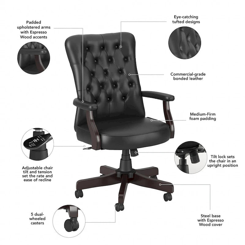 Fauteuil de bureau capitonné à dossier haut Salinas avec accoudoirs, par Bush Furniture