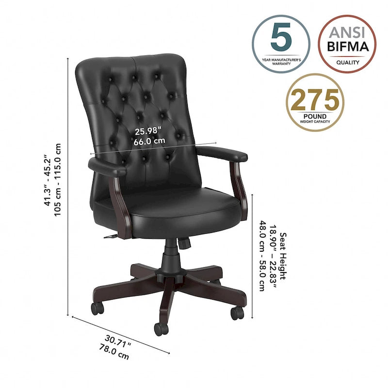 Fauteuil de bureau capitonné à dossier haut Salinas avec accoudoirs, par Bush Furniture