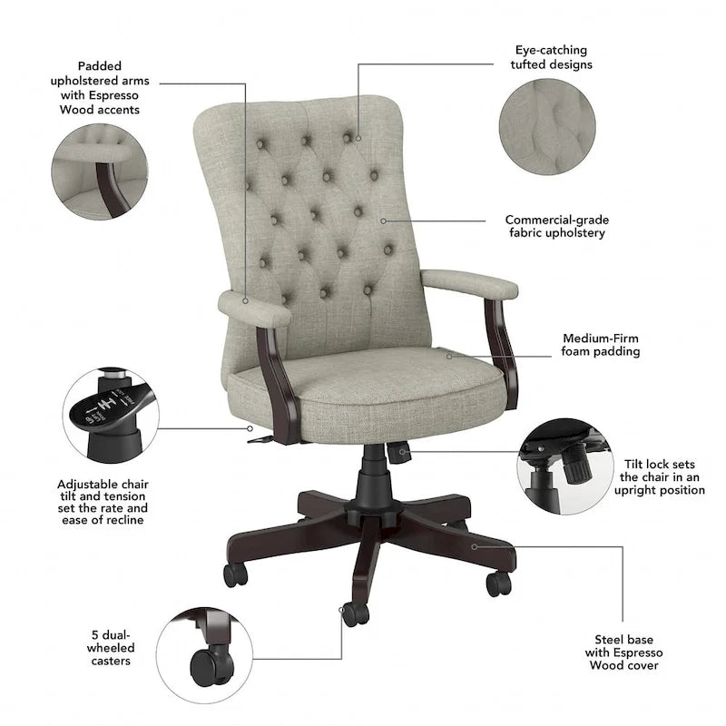Fauteuil de bureau capitonné à dossier haut Salinas avec accoudoirs, par Bush Furniture