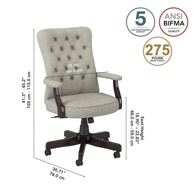 Fauteuil de bureau capitonné à dossier haut Salinas avec accoudoirs, par Bush Furniture