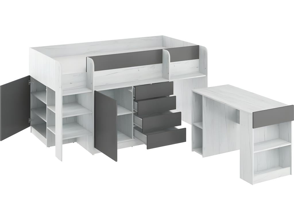 Lit Mezzanine 90x200cm avec ¨¦chelle Placard Bureau amovible biblioth¨¨que et des ¨¦tag¨¦res SMIDA L Blanc Vertchez/Graphite