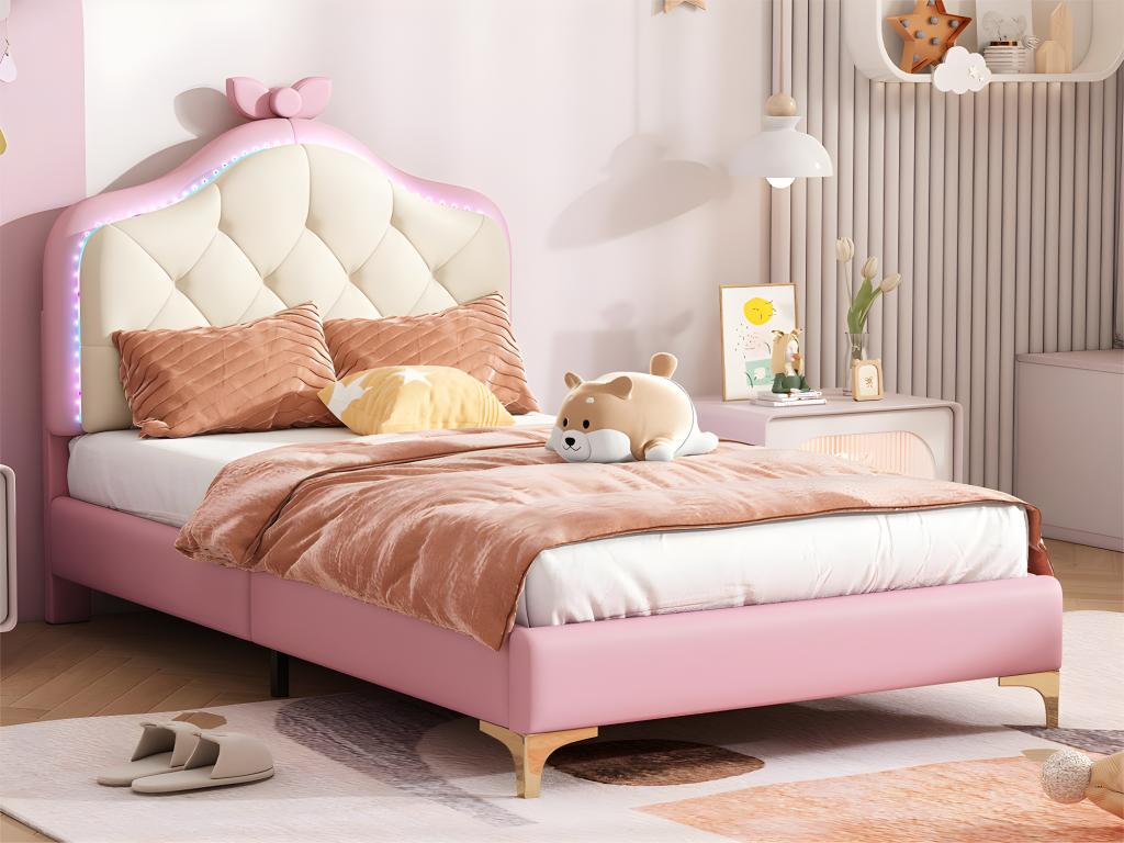 Lit enfant capitonn¨¦ avec LED color¨¦e et n?ud sur la t¨ºte - en similicuir - 90x200cm - avec sommier ¨¤ Meublita - Rose