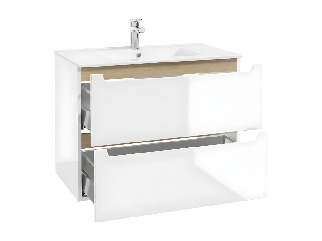 Ensemble meuble simple vasque encastrable 80cm 2 tiroirs et colonne Vertchez Blanc et Bois